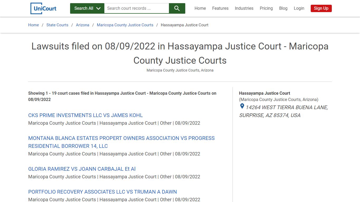 Lawsuits filed on 08/09/2022 in Hassayampa Justice Court - Maricopa ...